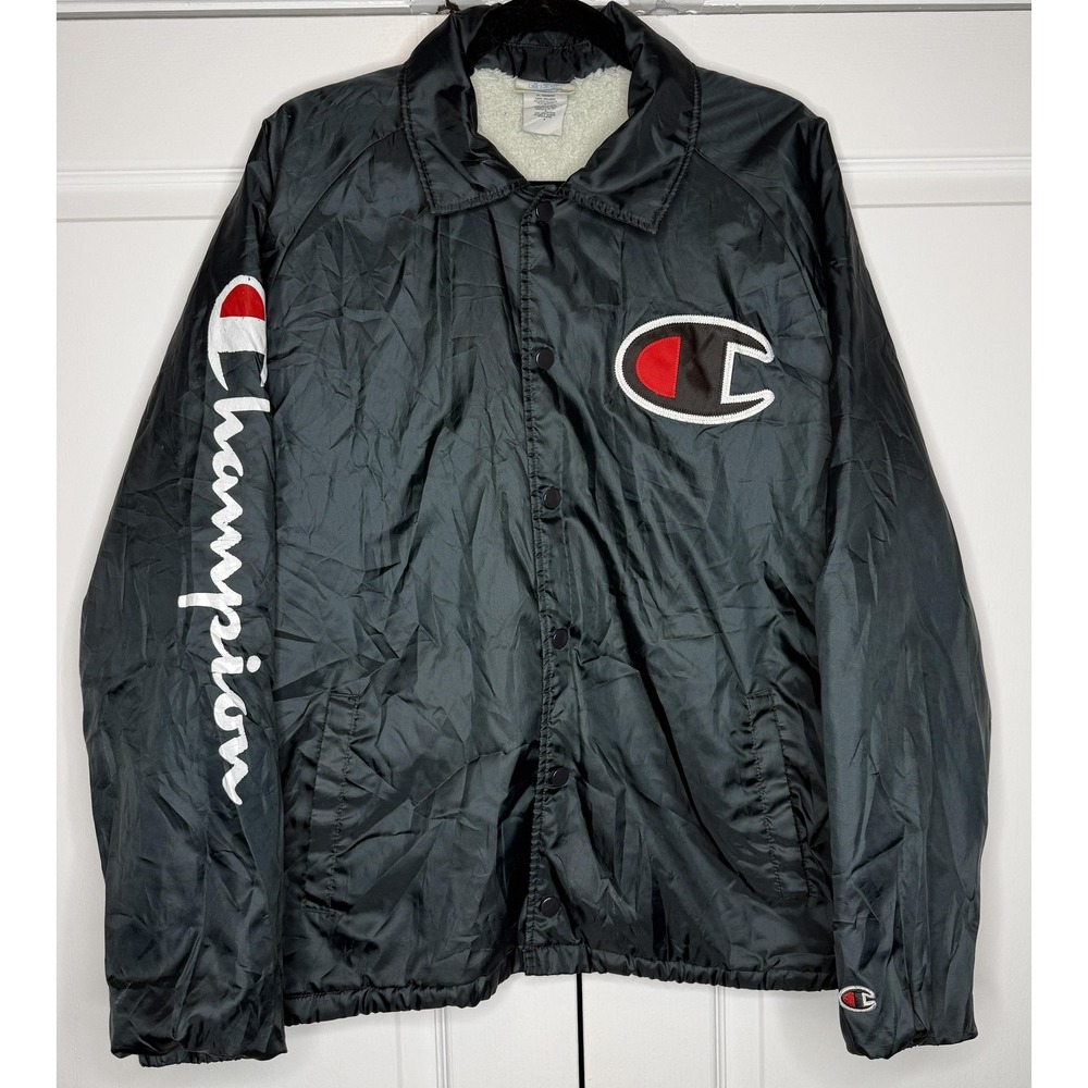 Champion Jacket Mens Medium Black Fleece Lined Snap Front Logo Windbreaker